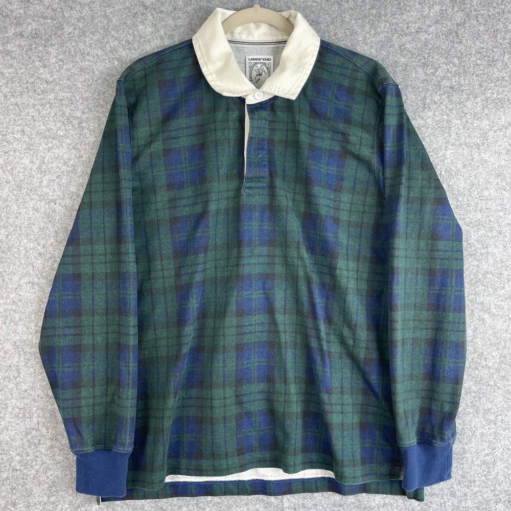 Lands End Polo Rugby Shirt Mens Large Blue Green Plaid Long Sleeve Preppy